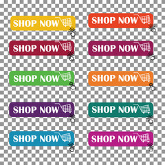 shop now button with shopping cart.Modern collection for website. Online shopping. Click here, apply, buttons hand pointer clicking. Web design. - obrazy, fototapety, plakaty