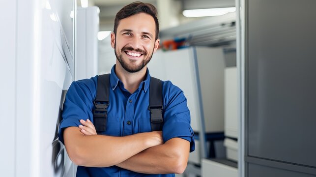 A plumber dressed in overalls, who is attractive, is holding a wrench and crossing his arms on a white background.