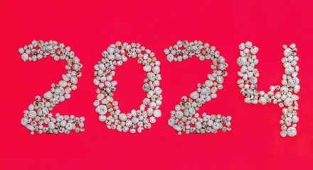 2024 Written with Makhana or Fox Nut on Red Background with Copy Space, Also Known as Lotus Seed Pop, Euryale Ferox or Gorgon Nut, Happy New Year 2024 Wishing Conceptual Photo