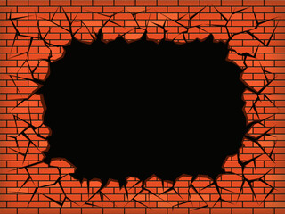Red broken brick wall with a black hole. Vector background
