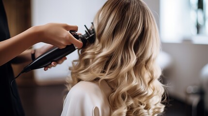 Fototapeta premium A woman's hair is being curled by a barber.