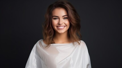 A young hairdresser in a white shirt and black cape is cutting her hair while facing forward.