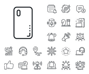 Phone sign. Place location, technology and smart speaker outline icons. Smartphone cover line icon. Mobile device symbol. Smartphone cover line sign. Influencer, brand ambassador icon. Vector