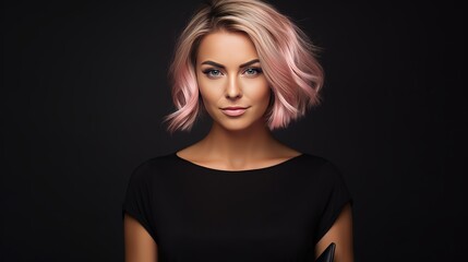 Fototapeta premium A young woman hairdresser is seen smiling on green wearing a pink shirt and black cape and holding a brush and scissors in front of the camera.