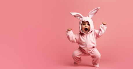 Cute Dancing Baby Wearing a Bunny Suit on a Pink Background