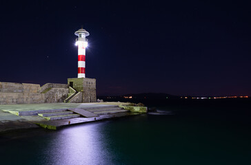 Lighthouse at night in Burgas port, Black Sea, Bulgaria