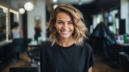 A young woman hairdresser is seen smiling on green wearing a pink shirt and black cape and holding a brush and scissors in front of the camera. - obrazy, fototapety, plakaty