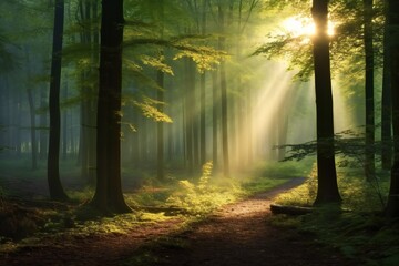 Sunrays in a forest on a hazy morning. Sun rays in woods. Sunbeam light Spring time.