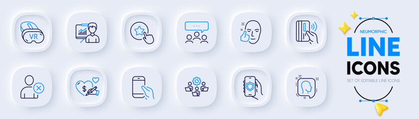 Meeting, Hold smartphone and Security app line icons for web app. Pack of Delete user, Head, Presentation pictogram icons. Teamwork, Social care, Vr signs. Healthy face. Neumorphic buttons. Vector