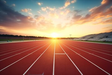 Running Track in sunset time. running track and modern grandstand in stadium. New beginning - obrazy, fototapety, plakaty