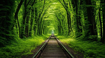 I have a strong fondness for traveling along a railroad that runs through a spring forest tunnel full of green trees.