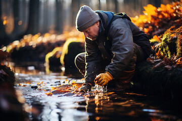Man catches a brook trout during a cold morning in the river. Generative AI - obrazy, fototapety, plakaty