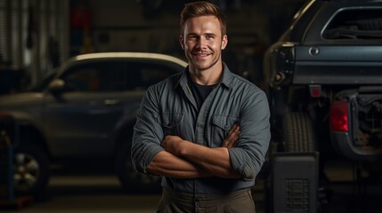 A picture of a young mechanic holding a wrench and smiling while ready to fix cars.