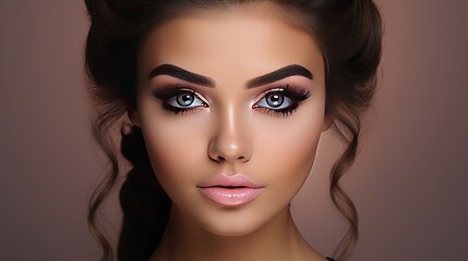 Fototapeta premium A portrait of a beautiful brunette with long, wavy, and curly hair. her attractive face is shown with makeup brushes nearby, and a group of hands apply make-up on the woman's face, all