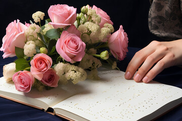 pink rose bouquet on the book, The girl is reading a Braille book using her hands