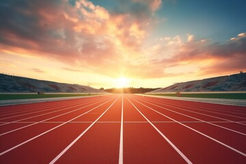 Running Track in sunset time. running track and modern grandstand in stadium. New beginning