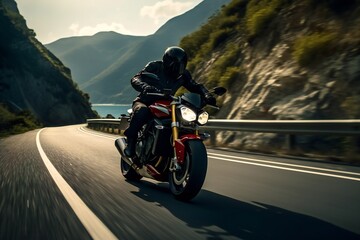 Obraz premium Man rides a motorcycle in a curved asphalt road with rural and mountain background