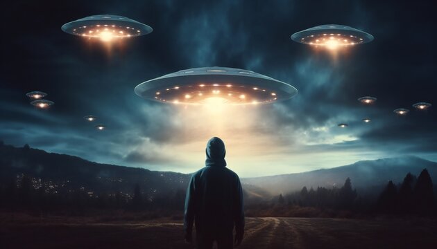 Back view of a man looking at alien invasion, UFO flying in the sky