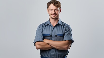 A young mechanic wearing overalls and holding a wrench while working on a white background is...