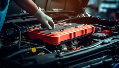 Technician Hands of car mechanic working repair in auto. Technician repair Service electric battery - obrazy, fototapety, plakaty