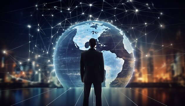 a businessman standing backwards agains the globe background. A man in a business suit thinking