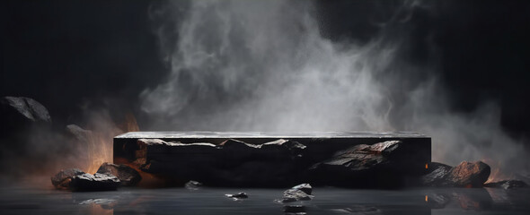 Black stone podium for product marketing dark and smoke background