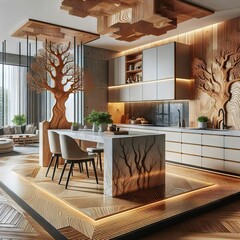 Interior epoxy resin and wooden tree blocks design decor showing modern kitchen with cupboards and sink in luxury apartment showroom