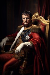 Napoleon Bonaparte. Historical regency man sitting in chair. Leadership. Vertical orientation - obrazy, fototapety, plakaty