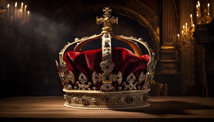 The Royal Coronation Crown Isolated on a Black Background. Red Velvet. vertical orientation - obrazy, fototapety, plakaty