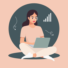 Vector flat illustration, a young female freelancer in comfortable home clothes and glasses works at a laptop in a comfortable pose.
