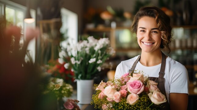 An image of a woman who works as a florist holding a ribbon and a bunch of flowers.