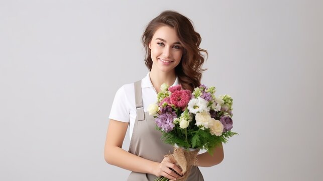 The image depicts a professional gardener or florist wearing an apron and holding flowers in a pot isolated on a white background.