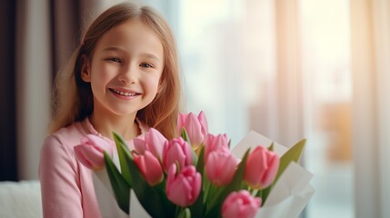 A girl wearing a shirt gathers a bouquet of purple tulips as a present for her mother.