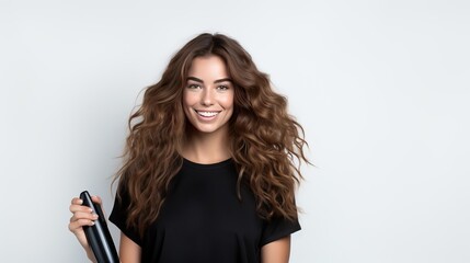 A woman in a happy state is straightening her hair in front view.