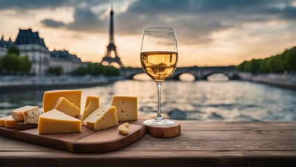 glass of wine and cheese by the river Seine, Paris city
