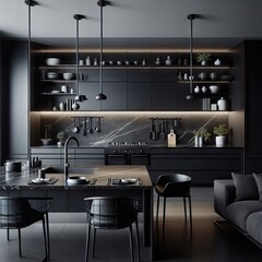Modern Kitchen, Black, marble benchtop, minimalistic