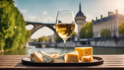 Fotobehang glass of wine and cheese by the river Seine, Paris city  © abu