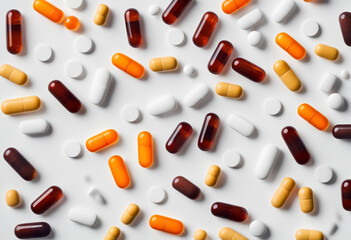 A group of pills, capsules, medicine. Healthcare and medical treatment. White  background.