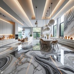 wide angle, white epoxy resin marbled kitchen countertop, natural lighting