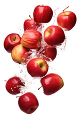 a collection of shiny apples cascading down with water splashing isolated on a transparent background, generative ai