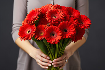 Young woman with bouquet of red gerberas,ai generated