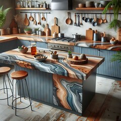 Wooden kitchen island with blue grey and white streaks of epoxy