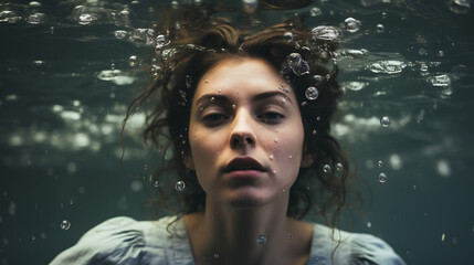 A woman underwater, sad, depression