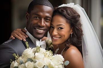 Happy smiling bride and groom, African American wedding couple - obrazy, fototapety, plakaty