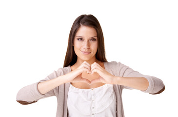 Heart hands, portrait and woman in studio with support, hope or kindness icon on white background. Love, emoji and face of female model with thank you sign for donation, charity or gratitude gesture