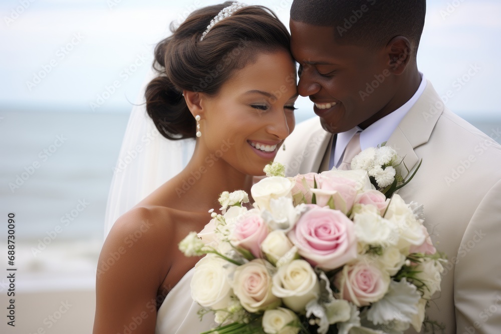 Wall mural happy smiling bride and groom, african american wedding couple - Wall murals