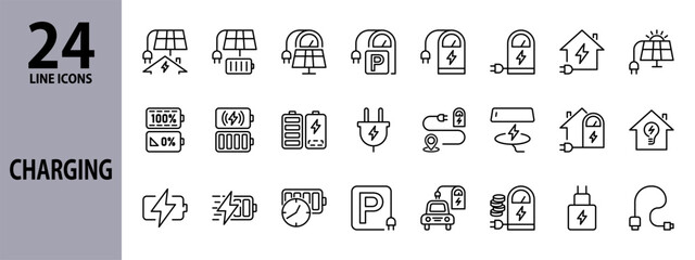 Charging line icons set with Battery, Charging Station, Fast Charging, Solar Charging, Wireless Phone Charging, Cable, Level Battery Charging. Editable stroke