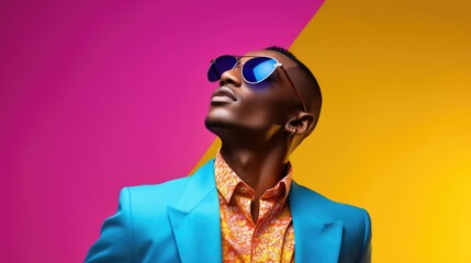 Portrait of attractive male in colorful bright lights posing in studio, Portrait of Handsome man with dressing trendy on colorful background. - obrazy, fototapety, plakaty