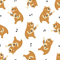 Seamless vector pattern on white background. Cute bear playing guitar, notes . Vector illustration