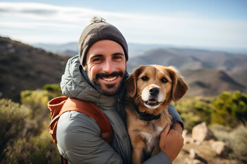 Hombre latino abrazando e su perro en la cima de una montaña  - obrazy, fototapety, plakaty